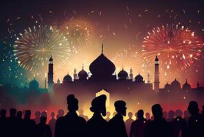 multitud personas en diwali festival celebracion con vistoso fuegos artificiales en el cielo antecedentes. generativo ai foto