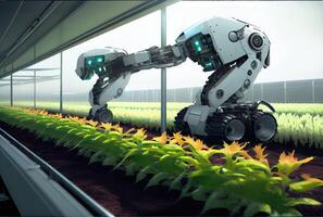 Robot farming harvesting agricultural products in greenhouse. Innovative futuristics technology and 5G smart farming concept. photo