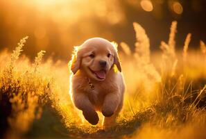 Happy cute puppet Golden Retriever dog running in the meadow on golden sunlight background. photo