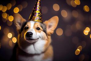 Happy Corgi dog in party with bokeh light background. Animal and pet concept. photo