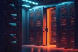 Server room for storage worldwide company database. Technology and big data concept. Digital art illustration. photo