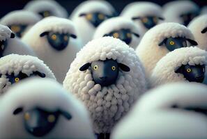 Flock of cute white sheep in farm. photo