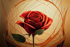 Red rose with geometric golden frame drawing line background. photo