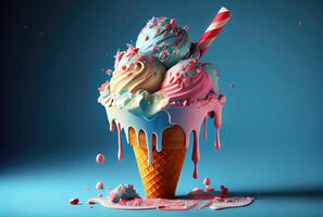 Melting ice cream cone with sweet toppings on minimal studio background. Summer food and fun concept. Digital art illustration theme. photo