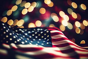 el unido estados de America Estados Unidos bandera con vistoso brillante bokeh ligero antecedentes. nación bandera en el oscuro con iluminación ligero. nacional día concepto. generativo ai foto