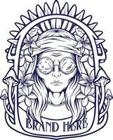 Hippie girl floral mushrooms badge label outline vector illustrations for your work logo, merchandise t-shirt, stickers and label designs, poster, greeting cards advertising business company or brands