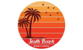 South Beach Miami Florida T-shirt Design Vector Illustration and apparel vector design, print, typography, poster, emblem with palm trees. With Surfing Man, Vector Print Design Artwork, Summer T-shirt