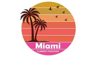 Miami verano paraíso camiseta diseño vector ilustración y vestir vector diseño, imprimir, tipografía, póster, emblema con palma arboles con surf hombre, vector impresión diseño obra de arte, verano camiseta