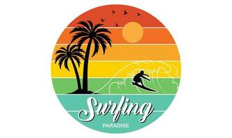 Surfing Paradise T-shirt Design Vector Illustration and apparel vector design, print, typography, poster, emblem with palm trees. With Surfing Man, Vector Print Design Artwork