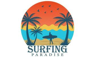 surf paraíso camiseta diseño vector ilustración verano concepto eslogan t camisa. vector ilustración diseño para Moda gráficos, t camisa huellas dactilares etc playa camisa , surf, hora para surf,