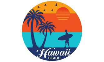 Hawaii Beach T-shirt Design Vector Illustration and apparel vector design, print, typography, poster, emblem with palm trees. With Surfing Man, Vector Print Design Artwork