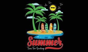 Summer Time For Surfing T-shirt Design Surf And Palms in California, Tee Print Vector Design With Texture And Palms Drawn, Tropical Sunset. Surf And Beach. Vintage Beach Print. Tee Graphic Design.