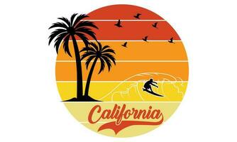 Surfing Paradise California T-shirt Design Vector Illustration and apparel vector design, print, typography, poster, emblem with palm trees. With Surfing Man, Vector Print Design Artwork