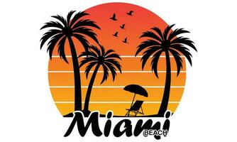 Miami Beach T-shirt Design Vector Illustration, Palm Tree Silhouette. Global Swatches. Miami Beach Florida Tee Print With Palm Tree. T-shirt Design, Graphics, Stamp, Label, Sunset, Nature.