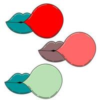 set of Woman lips with bubble gum, vector drawing.  vector illustrator. vibrant colors, pastel colors.