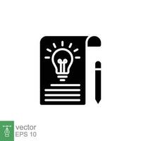Brief icon. Simple solid style. Concise, succinct, pencil, page, light bulb, abbreviated concept. Black silhouette, glyph symbol. Vector symbol illustration isolated on white background. EPS 10.