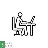 Man behind computer desk icon. Simple outline style. Person, work, laptop, table, chair office, workspace concept. Thin line symbol. Vector illustration isolated on white background. EPS 10.