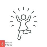 Excited dance kid icon. Simple outline style. Happy, joy, girl, lifestyle, women, female freedom concept. Thin line symbol. Vector illustration isolated on white background. Editable stroke EPS 10.