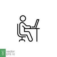 Man behind computer desk icon. Simple outline style. Person, work, laptop, table, chair office, workspace concept. Thin line symbol. Vector illustration isolated on white background. EPS 10.