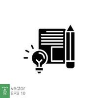 Brief icon. Simple solid style. Concise, succinct, pencil, page, light bulb, abbreviated concept. Black silhouette, glyph symbol. Vector symbol illustration isolated on white background. EPS 10.