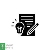 Brief icon. Simple solid style. Concise, succinct, pencil, page, light bulb, abbreviated concept. Black silhouette, glyph symbol. Vector symbol illustration isolated on white background. EPS 10.