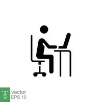 Man behind computer desk icon. Simple solid style. Person, work, laptop, table, chair office concept. Black silhouette, glyph symbol. Vector illustration isolated on white background. EPS 10.