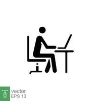 Man behind computer desk icon. Simple solid style. Person, work, laptop, table, chair office concept. Black silhouette, glyph symbol. Vector illustration isolated on white background. EPS 10.