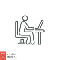 Man behind computer desk icon. Simple outline style. Person, work, laptop, table, chair office concept. Thin line symbol. Vector illustration isolated on white background. Editable stroke EPS 10.