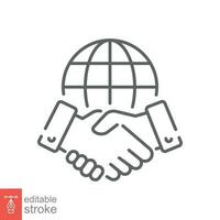 Business agreement icon. Simple outline style. Hand shake with globe, global relationship concept. Thin line symbol. Vector illustration isolated on white background. Editable stroke EPS 10.