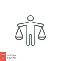 Man with scales icon. Simple outline style. Lawyer, people, truth, legal, law, balance, equality concept. Thin line symbol. Vector illustration isolated on white background. Editable stroke EPS 10.