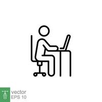 hombre detrás computadora escritorio icono. sencillo contorno estilo. persona, trabajar, computadora portátil, mesa, silla oficina, espacio de trabajo concepto. Delgado línea símbolo. vector ilustración aislado en blanco antecedentes. eps 10