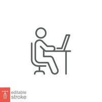 Man behind computer desk icon. Simple outline style. Person, work, laptop, table, chair office concept. Thin line symbol. Vector illustration isolated on white background. Editable stroke EPS 10.