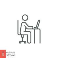 Man behind computer desk icon. Simple outline style. Person, work, laptop, table, chair office concept. Thin line symbol. Vector illustration isolated on white background. Editable stroke EPS 10.