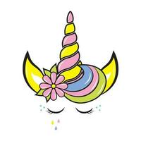 A unicorn with a rainbow horn and eyes. Color vector illustration in doodle style.