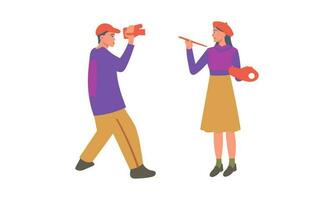 Man and woman with binoculars. Vector illustration in flat style