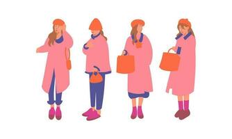 Vector illustration of a girl in a pink coat with a bag.