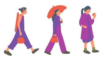 conjunto de joven mujer caminando en diferente posa vector ilustración en plano estilo