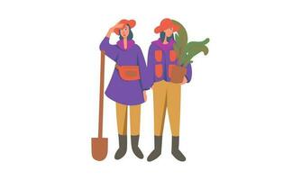 Two women with shovel and potted plants. Flat vector illustration outfit colourful.