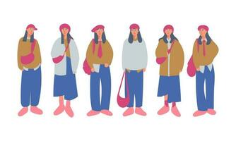 conjunto de mujer en invierno ropa. vector ilustración en plano estilo.