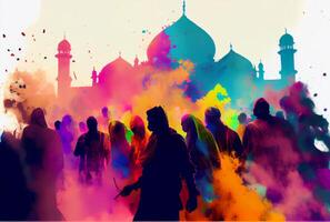 Holi day and festival with crowd people in Hindu outfits and mosque background. photo