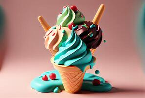 Melting ice cream cone with sweet toppings on minimal studio background. Summer food and fun concept. Digital art illustration theme. photo