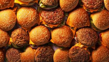 Top view full of Cheese hamburger on black background with studio lighting. Food and delivery concept. photo