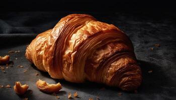 Fresh Croissant breads on the wooden table in the dark black background. Food and bakery concept. Full of breads theme. Generative AI photo