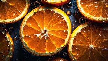 cerca arriba de limpiar cortar naranjas con agua soltar en oscuro negro antecedentes. Fresco Fruta y vegetal concepto. nutrición y vitamina tema. generativo ai foto