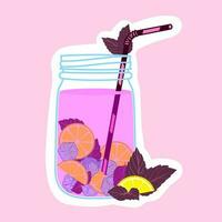 fresh lemonade with purple basil. Healthy cocktails for hot season. Vector illustration for diet menu, cafe and restaurant.