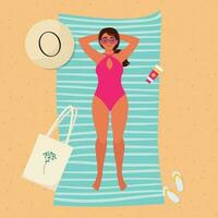 mujer broncearse en arena playa en un verano tiempo. vector ilustración en plano estilo