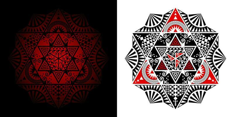 Geometric Thai pattern mixed art, polynesian art, mandala art. In the shape of hexagons, triangles and six-pointed stars. Left image is merge, Right image is isolated. Vector Illustration.