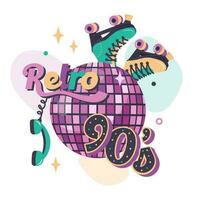 Retro template in retro style of 90s, 80s. Pink disco ball with  roller skating, handset, color text. Clipart. Vector illustration for nostalgia musical party, advertising poster, old school banner