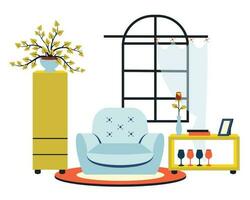 Cozy home interior. Modern living room. House furniture. Armchair, house plants, coffee tables, house plant, window. Trendy indoor template. Vector flat cartoon illustration