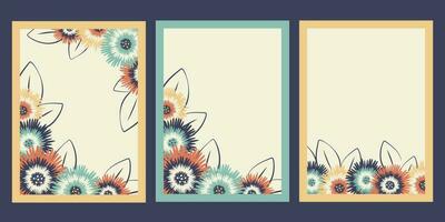 Set of floral greeting cards with copy space for text. Flower backgrounds with plants, wildflowers, leaf silhouettes. Vector illustration for banners, posters, greeting template, print